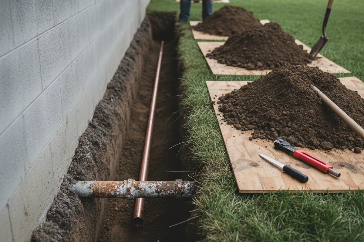Excavated water line trench during Water Softener Installation in Helper